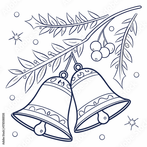 Christmas Bells Hanging from a Pine Branch with Berries jingle bells pine needles