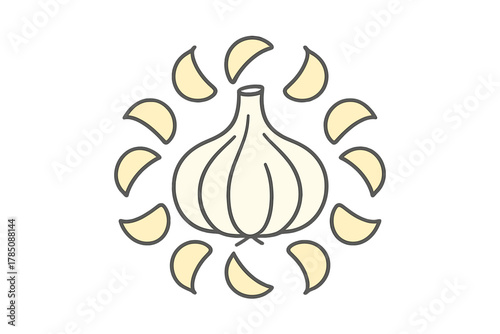 Stylized garlic bulb with surrounding cloves icon design