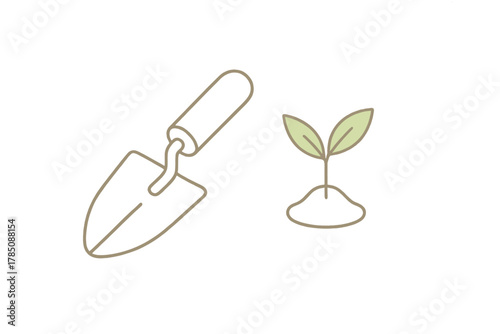 Gardening trowel and small plant seedling icon set outline