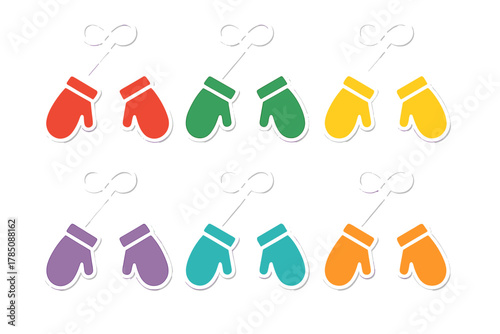 Brightly colored winter mittens connected by string in repeating pattern