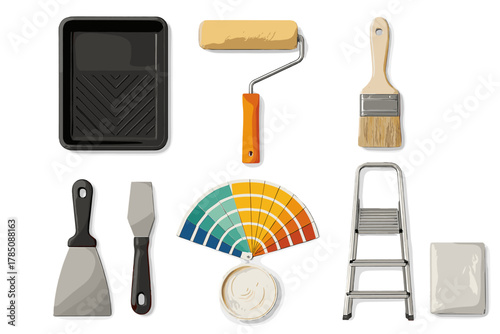 Assortment of home renovation and painting tools displayed on white background