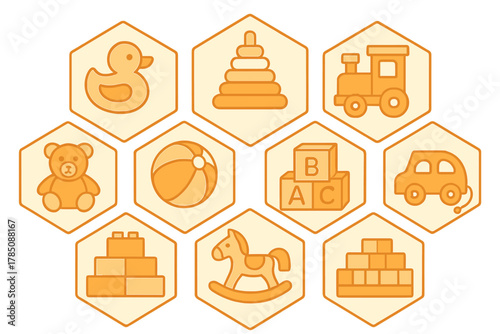 Colorful baby and toddler plaything icons presented in hexagon shapes