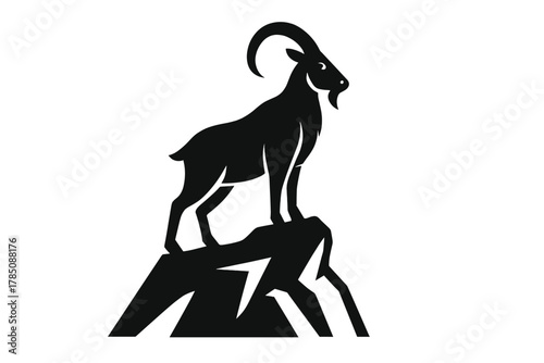 Stylized black silhouette of ibex standing on mountain peak