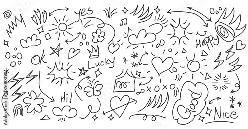 Hand Drawn Doodle Vector Elements: Arrows, Hearts, Stars, Words