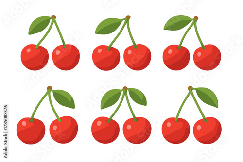 Stylized red cherries with green leaves in a seamless repeating pattern