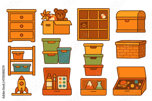 Colorful storage containers and toys for playroom organization