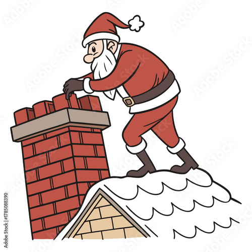 Cartoon Santa Claus on a snowy rooftop fixing a chimney christmas