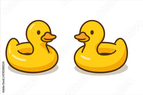Two cute yellow rubber bath ducks facing each other