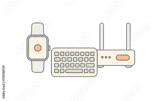 Smartwatch keyboard and wireless router digital devices collection
