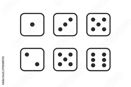 Six simple outline icons representing faces of a standard six-sided die
