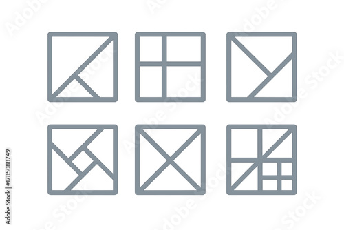 Six geometric square icons featuring internal line divisions