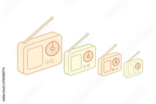 Isometric vintage portable radios in decreasing arrangement