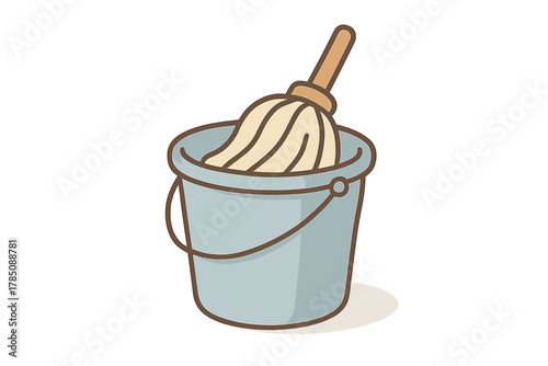 Light blue cleaning bucket with beige string mop head inside