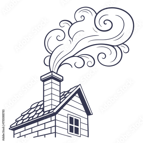 Stylized chimney with swirling smoke on a house roof drawing