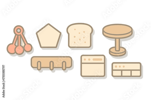 Collection of simple beige icons representing kitchen and household objects