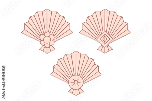 Three stylized traditional Japanese folding fans with geometric and floral motifs