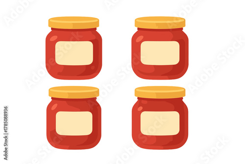 Four red jam jars with blank labels and yellow lids