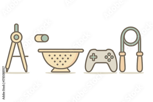 Diverse hobby and activity icons featuring drawing tool kitchenware and gaming controller