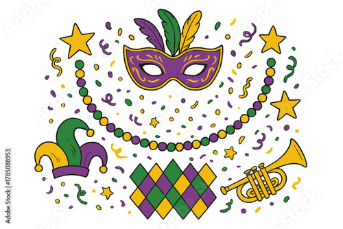 Mardi Gras celebration icons featuring mask beads and jester hat