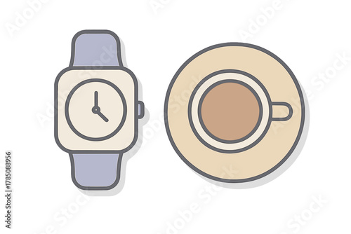 Wristwatch and coffee cup on saucer top view icon set
