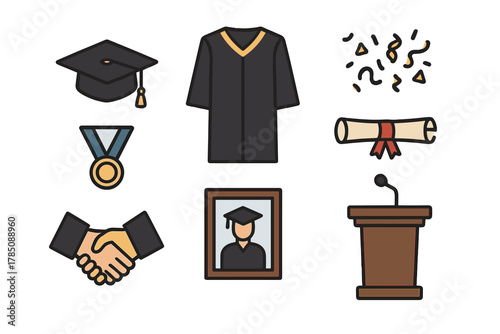 Academic graduation ceremony icons set with mortarboard gown diploma and handshake