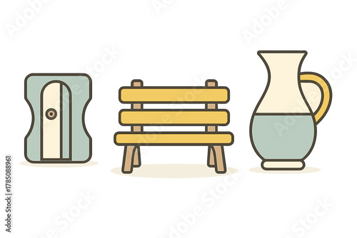 Simple icons of a pencil sharpener, park bench, and pitcher