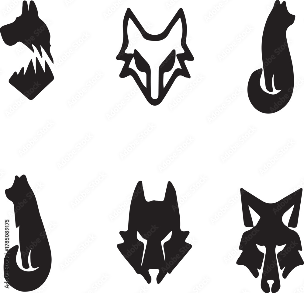 Obraz premium Abstract Wolf Logo Set. Minimalist Geometric and Modern Silhouettes of Wolves or Dogs. Wild Animal Head and Body Mascot Collection.