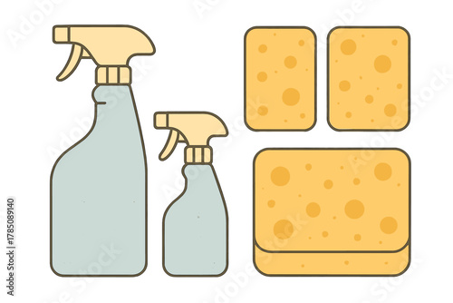 Set of cleaning spray bottles and kitchen sponges icons