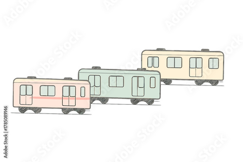 Three colorful passenger train cars in simple side view profile