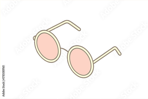 Isometric view of round sunglasses with pink tinted lenses and yellow frames
