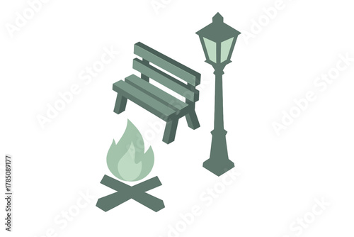 Isometric park scene with bench campfire and street lamp