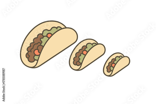 Three stylized icons of tacos with meat, lettuce, and tomato fillings