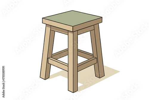 Isometric wooden bar stool with light green seat cushion