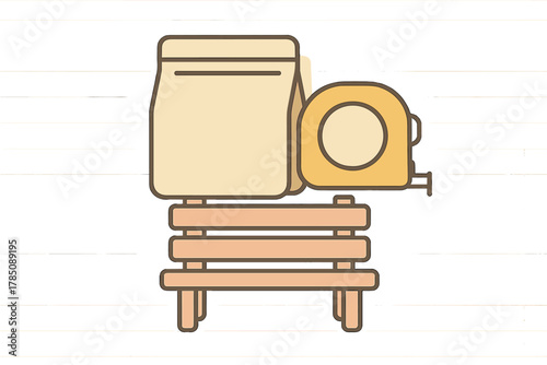 Construction material bag and measuring tape on wooden surface