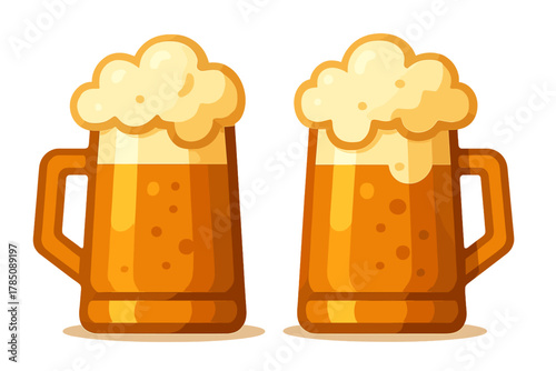 Two stylized beer mugs filled with amber ale and thick foam head