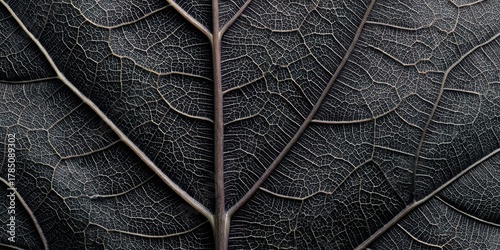 Close up image showcases the intricate vein structure of a dark leaf revealing natures detailed patterns and organic beauty in high resolution