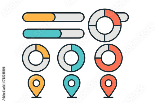 Colorful data visualization icons featuring progress bars, donut charts, and map pins