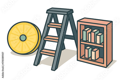 Isometric still life composition with pineapple slice, stepladder, and bookshelf