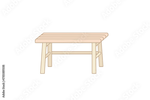 Simple slatted wooden bench or low outdoor table isolated on white background