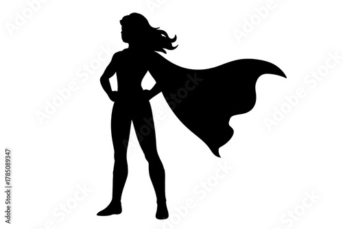Female superhero silhouette standing with dramatic flowing cape