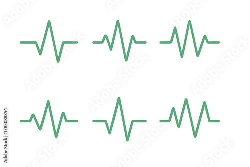 Six green electrocardiogram heartbeat line icons for medical monitoring