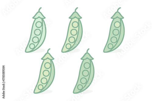 Repeating pattern of five green pea pods showing internal seeds