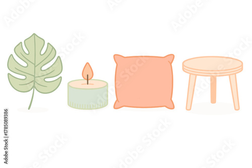 Minimalist home decor elements featuring tropical leaf, candle, pillow, and stool