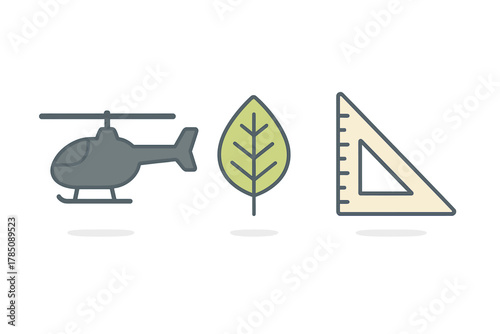 Three simple icons: helicopter, leaf, and geometric triangle ruler