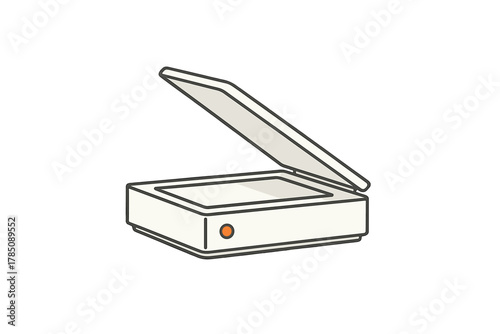 Flatbed scanner device with open lid and power button icon