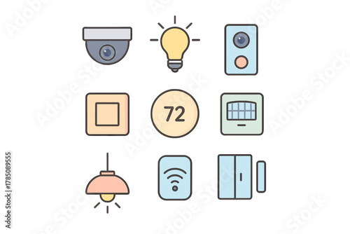 Colorful icons representing smart home security and automation technology devices
