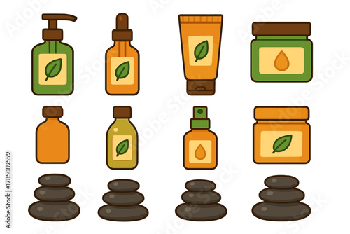 Natural spa cosmetics assortment with stacked massage stones for relaxation