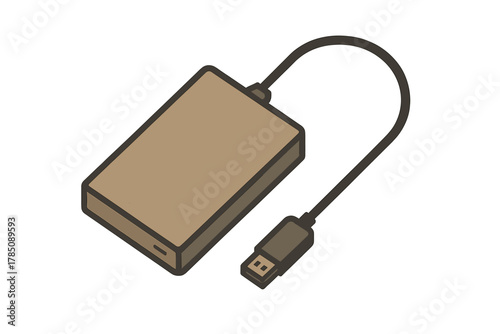 Isometric portable external hard drive connected with USB cable