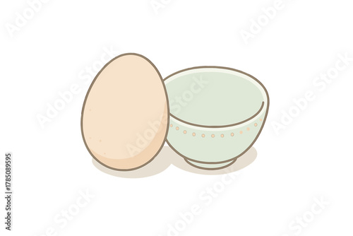 Whole brown egg beside small ceramic bowl on white background