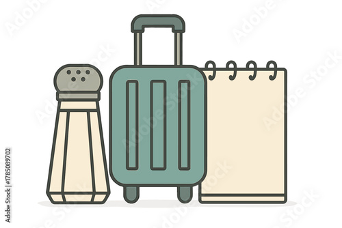 Collection of essential travel items including suitcase salt shaker and notepad icons